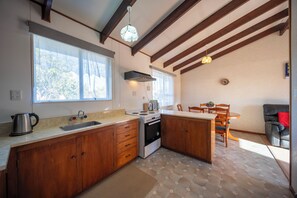 Fridge, microwave, toaster, cookware/dishes/utensils