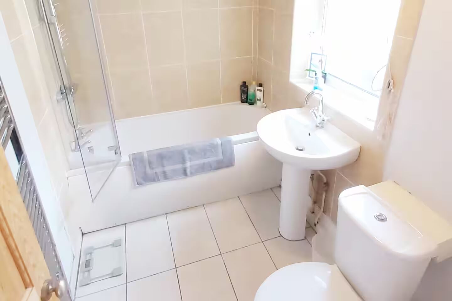 Hair dryer, towels, soap, toilet paper