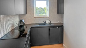 A compact kitchen with a built-in stove, a sink, and a window above the countertop. - Awesome apartment in Trzesacz with swimming pool (Trzesacz)