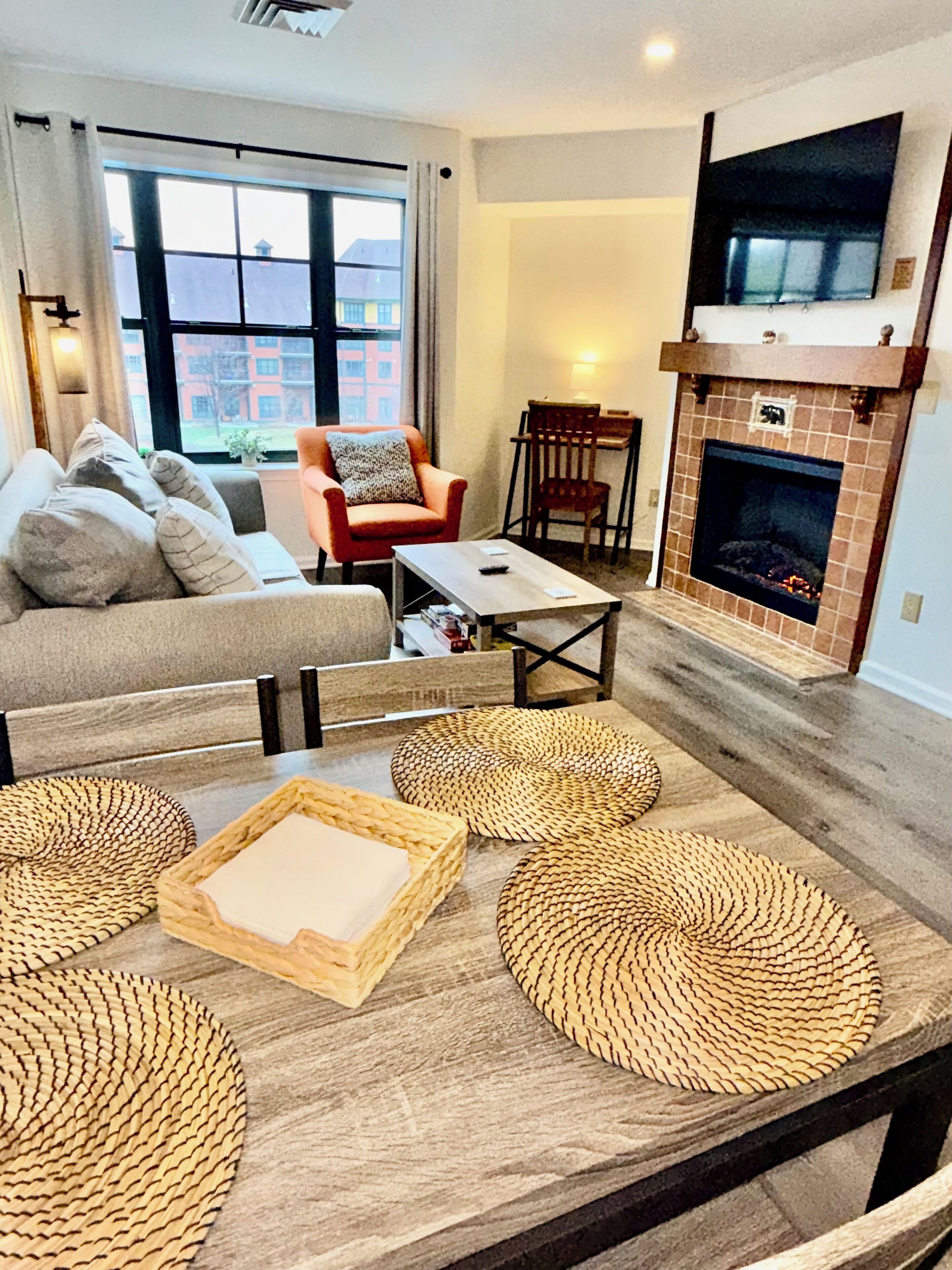 Smart TV, fireplace, video games, foosball