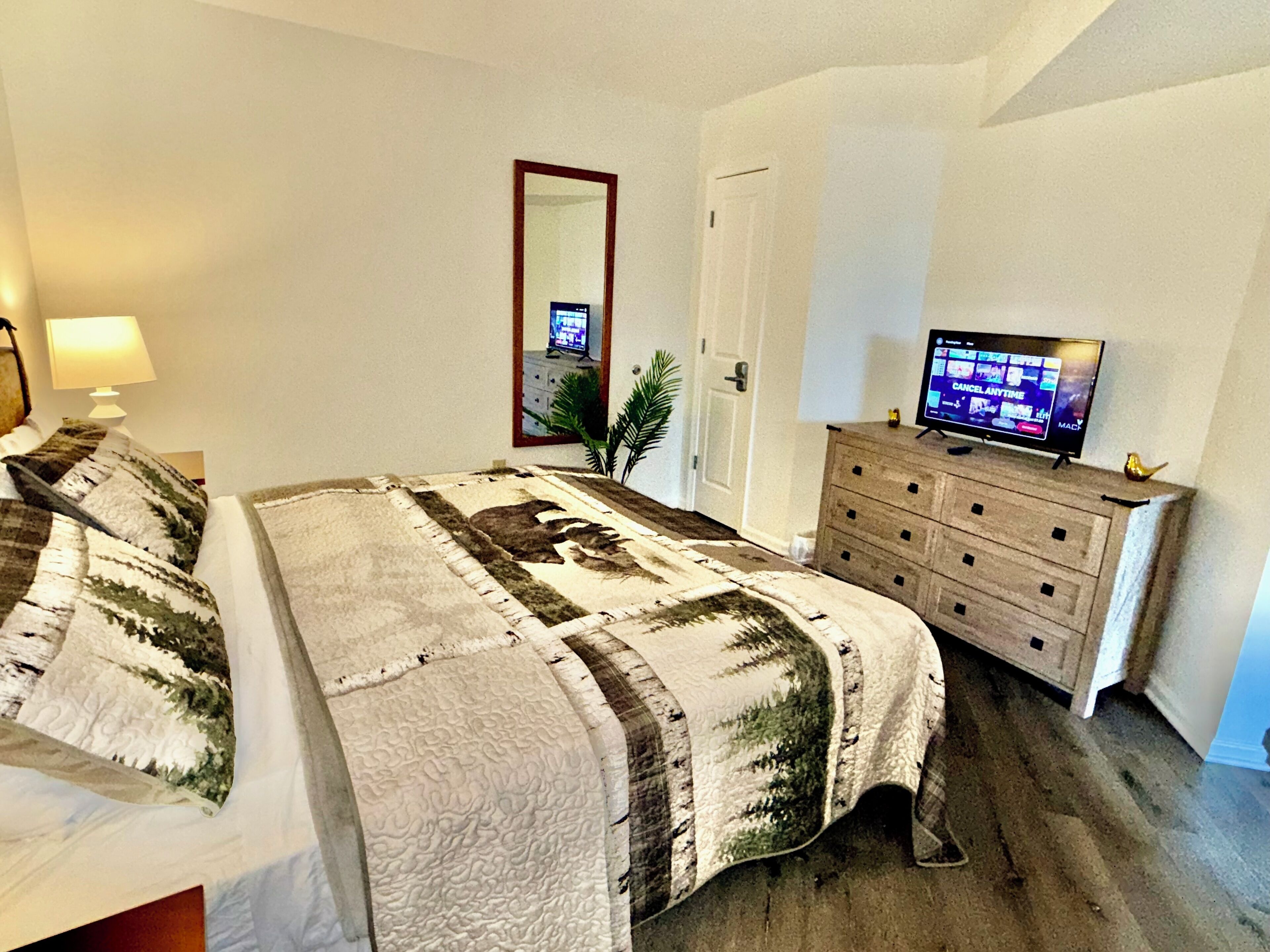 Una camera da letto con un letto, una cassettiera, un televisore e uno specchio.
