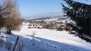 A snow-covered landscape with houses and a clear sky. - Chalet in the heart of nature near a farm with animals (Lent)