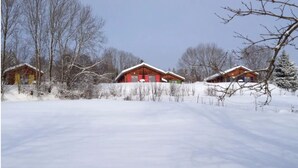 A snow-covered landscape with three wooden cabins. - Chalet in the heart of nature near a farm with animals (Lent)