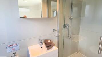 Shower, towels, soap, toilet paper