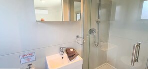 シャワー、タオル、石鹸、トイレットペーパー