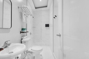 Shower, eco-friendly toiletries, hair dryer, towels