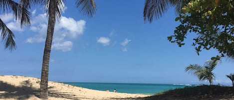 Una playa cerca, arena blanca, toallas de playa