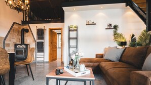 A cozy living room with a fireplace, a brown sofa, a coffee table with remote controls, and a chandelier. - Vacation apartment in the countryside - with lake view, terrace & barbecue fun (Lohmen)