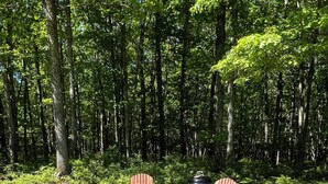 Pyöreä kivinen nuotiopaikka, jonka ympärillä on puisia Adirondack-tyylisiä tuoleja, ja paikka sijaitsee metsäisellä alueella.