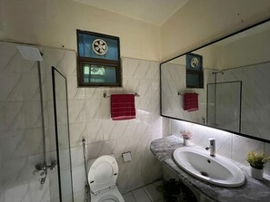 Hair dryer, bidet, towels, soap