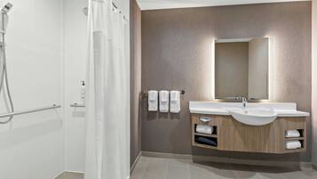 A modern bathroom with a shower, two sinks, and a mirror.
