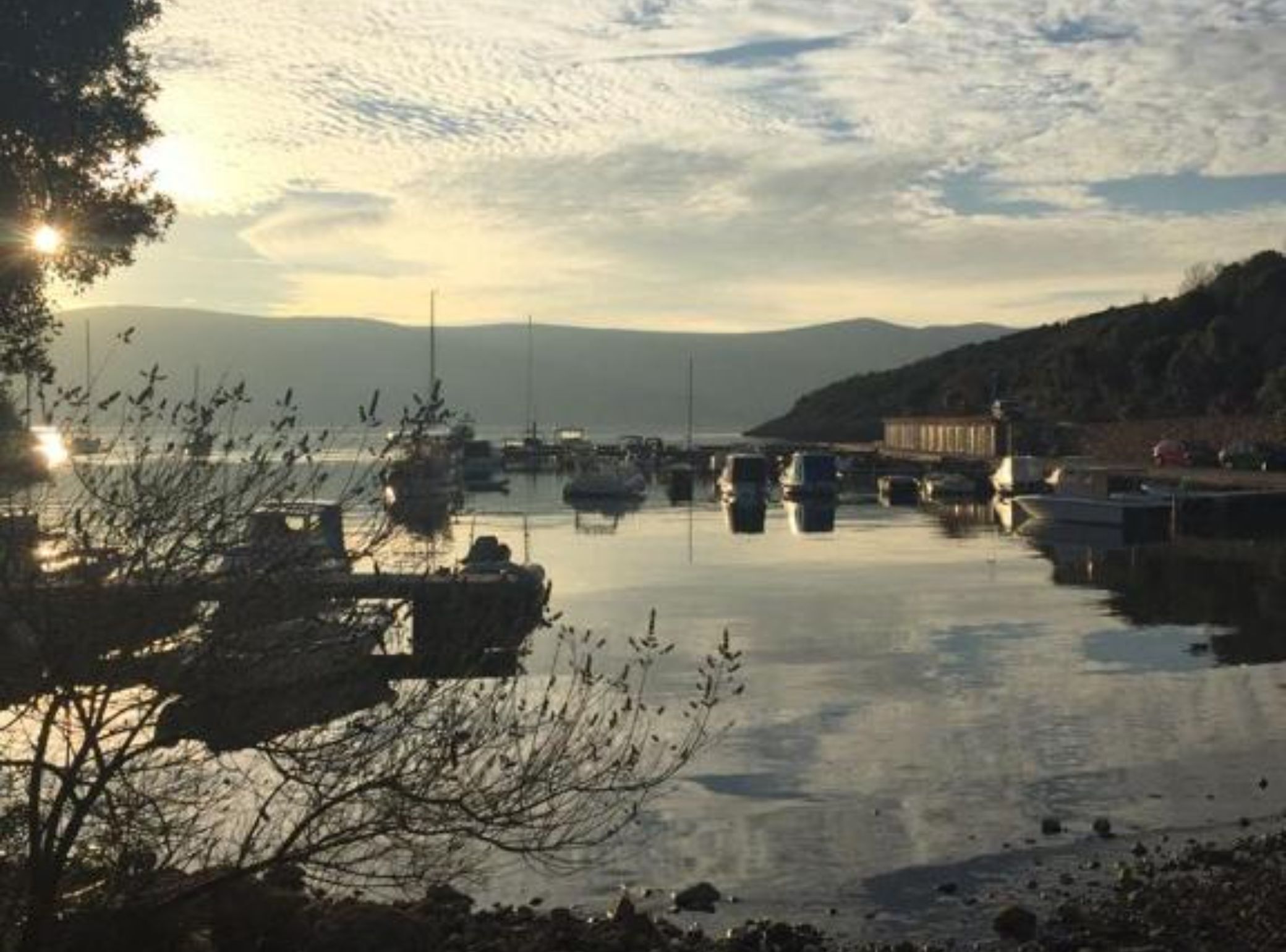 A marina with boats docked, calm water, and a hilly landscape in the background.
