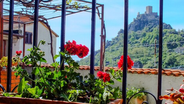 A balcony with potted red flowers, a view of a hill with a castle, and a building with a tiled roof. - Casa Anni `70 - Sardegna (Burgos)