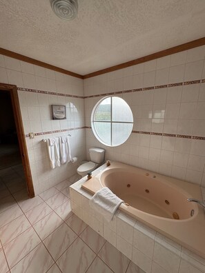 Shower, jetted bath, hair dryer, towels