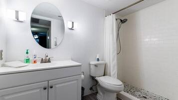 Hair dryer, towels, soap, toilet paper