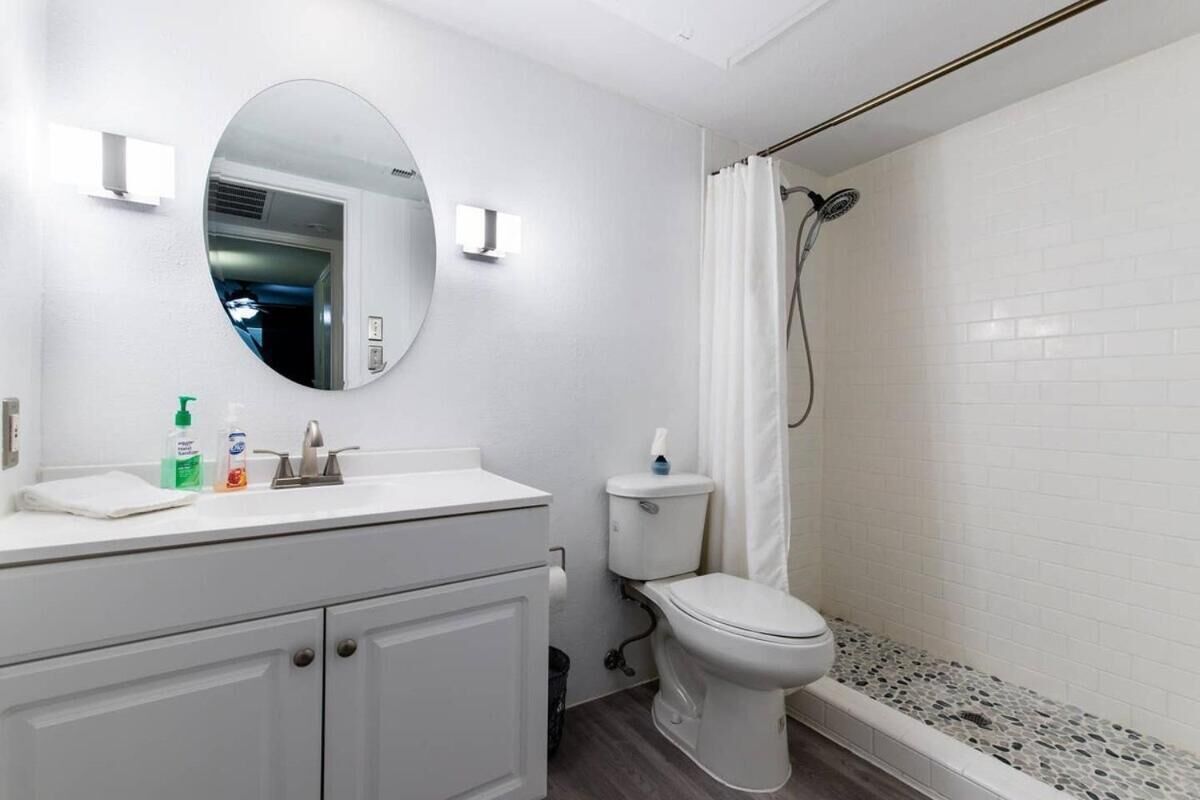 Hair dryer, towels, soap, toilet paper
