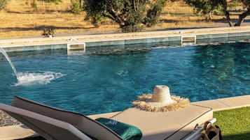Outdoor pool, pool umbrellas, pool loungers