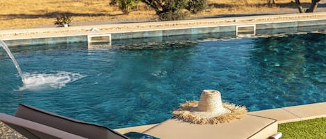 Outdoor pool, pool umbrellas, pool loungers