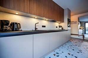 Fridge, microwave, oven, stovetop