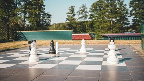 A chessboard with pieces set up on a paved outdoor area, surrounded by trees and a fence. - Tiny house close to nature with barbecue area - pet-friendly & close to the lake (Lohmen)