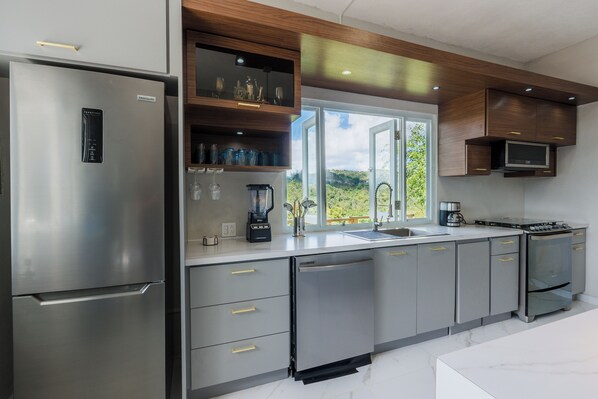 Fridge, microwave, stovetop, coffee/tea maker
