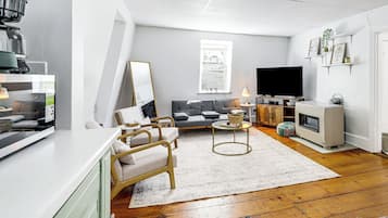TV, fireplace, books