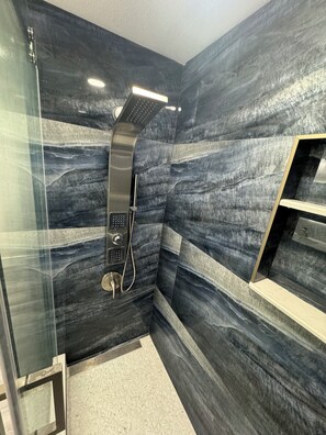 Shower, towels, soap, toilet paper