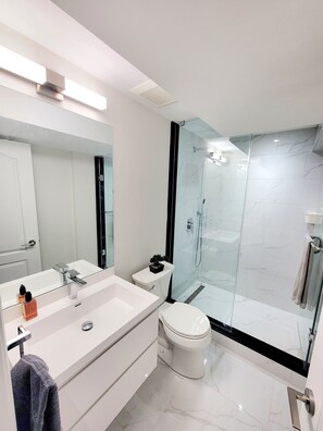 Shower, hair dryer, towels, soap - Guest Basement in Scarborough (Toronto)