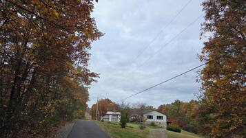 Eine ländliche Straße, gesäumt von Bäumen mit Herbstlaub, die zu einem Haus mit Garage und kleinem Rasen führt.