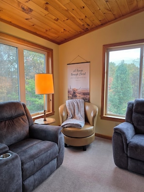A cozy room with leather sofas, a wooden ceiling, and large windows with a view of trees.