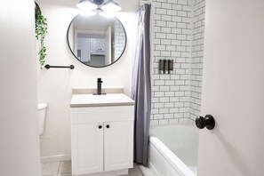 Hair dryer, towels, soap, shampoo