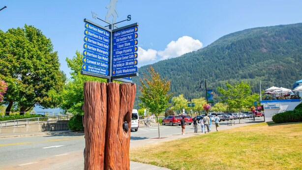 A directional signpost with multiple arrows pointing to various local attractions and amenities. - The Backyard @ Cedar Springs | Walk to Lake & Hot Springs (Harrison Hot Springs)