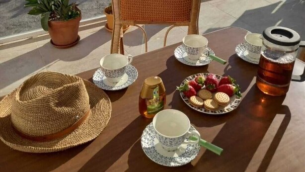 Un tavolo apparecchiato per due con vista sul mare, una sedia in vimini, piante in vaso e una bottiglia di tè.