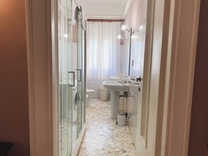 Hair dryer, towels, soap, toilet paper