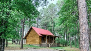 A wooden cabin with a red roof, surrounded by trees, and a gravel path leading to it. - Luxury cabin getaway on a 40 acre retreat (Bismarck)