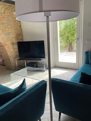 Smart TV, chimenea, libros, estéreo