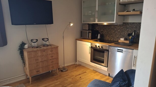 A compact kitchen with a microwave, oven, and dishwasher, a wooden cabinet, and a TV mounted on the wall.