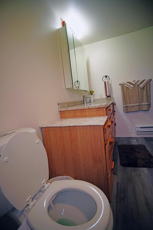 A bathroom with a wooden vanity, a white toilet, a mirror above the vanity, and a towel rack with towels.