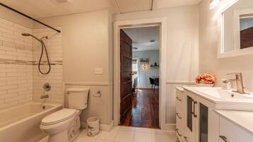 Hair dryer, towels, soap, toilet paper