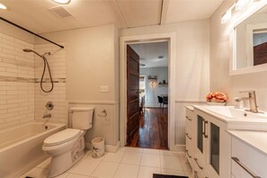 Hair dryer, towels, soap, toilet paper