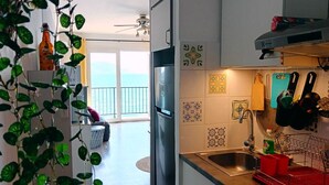 A kitchen with a view to the sea, a ceiling fan, and a hanging plant.