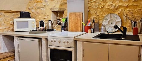 A compact kitchen with a stone wall, a built-in oven, a microwave, and a sink.