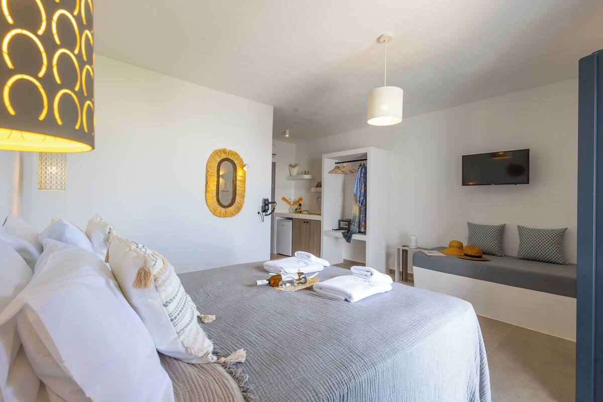 A modern bedroom with a large bed, a bedside table, a TV, and a walk-in closet.