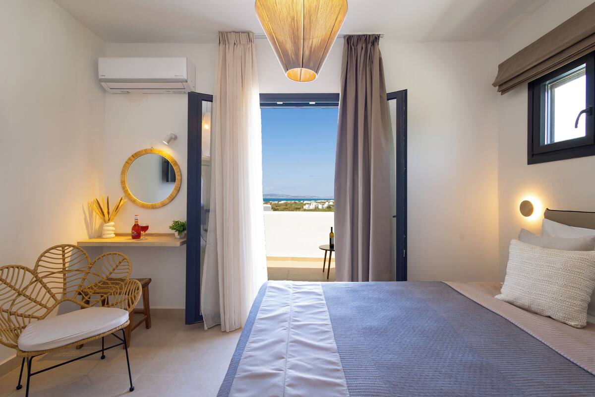 A bedroom with a large bed, a bedside table with a lamp, a chair, a mirror, and a view of the outdoors.