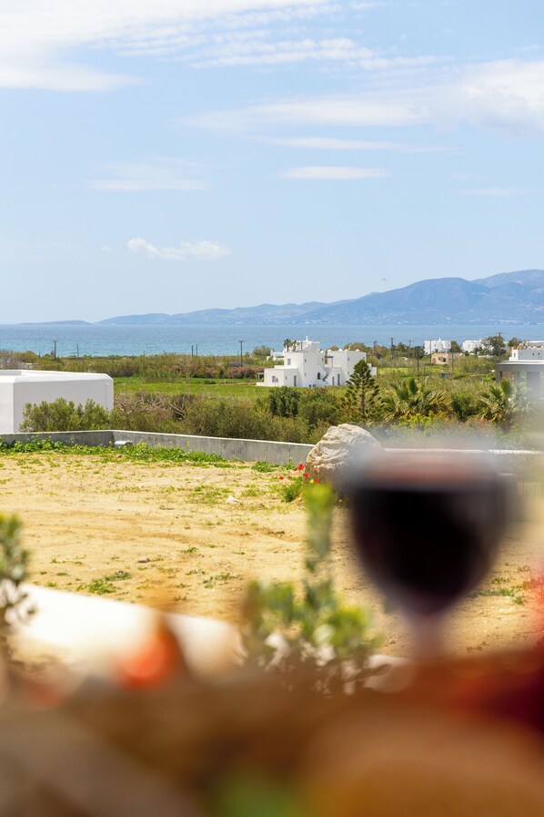 A view of a coastal area with white buildings, greenery, and a distant mountain range. - Cezaria Naxos Hotel (Naxos)
