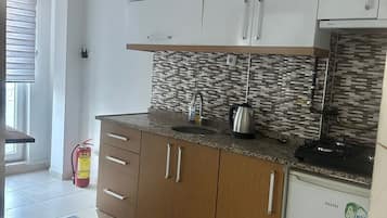 Frigobar, parrilla de estufa y utensilios de cocina