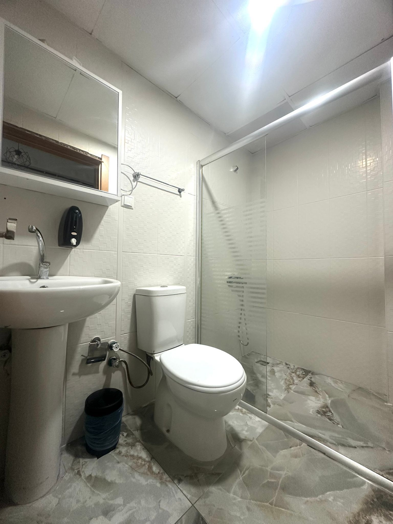 Ein Badezimmer mit Waschbecken, Toilette und einer Duschkabine aus Glas.