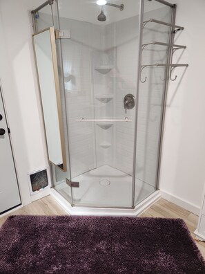 Hair dryer, towels, soap, toilet paper