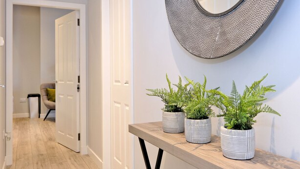 A hallway with a wooden floor, a white door, and a mirror on the wall. There are three potted plants on a wooden console table. - Modern City Centre Apartment in Aberdeen (Aberdeen)