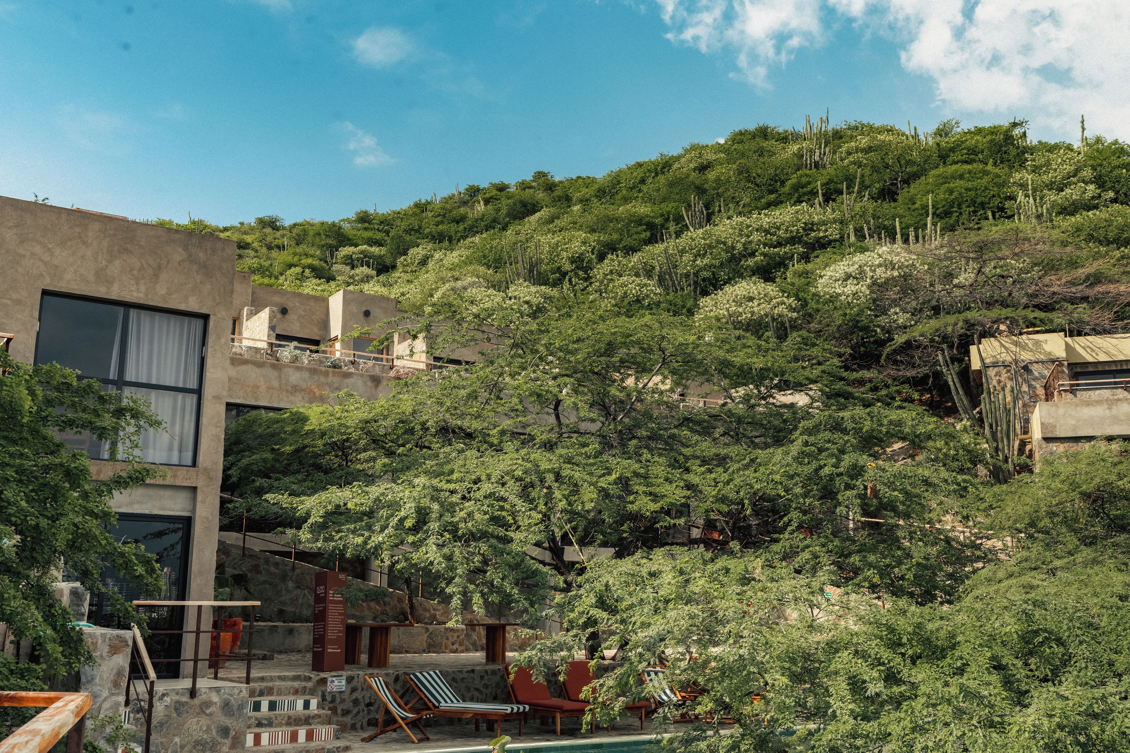 A modern building with a pool, surrounded by lush greenery and hills.